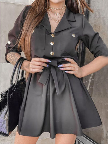 Woochic mini robe boutonnage avec poches ceinture col revers manches au coude élégant de cocktail Noir S
